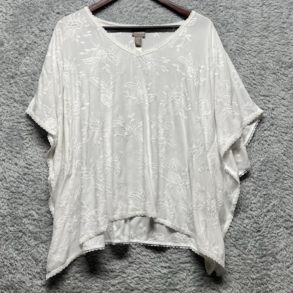 Chicos Top‎ Womens S/M White Floral Crochet Ponch Langenlook, Cottagecore Resort